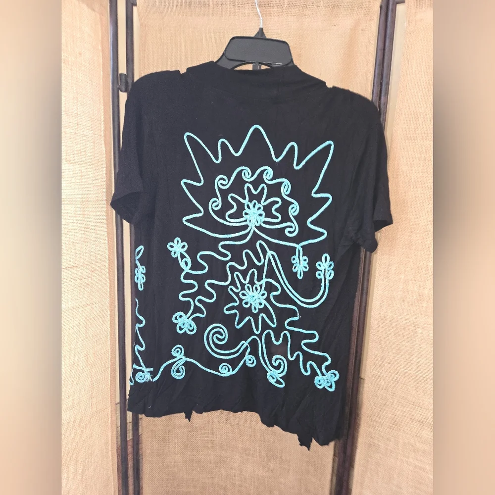 Women's Investments Petites Short Sleeve Black Teal Ric Rac Cardigan Type Top PS - Picture 13 of 13